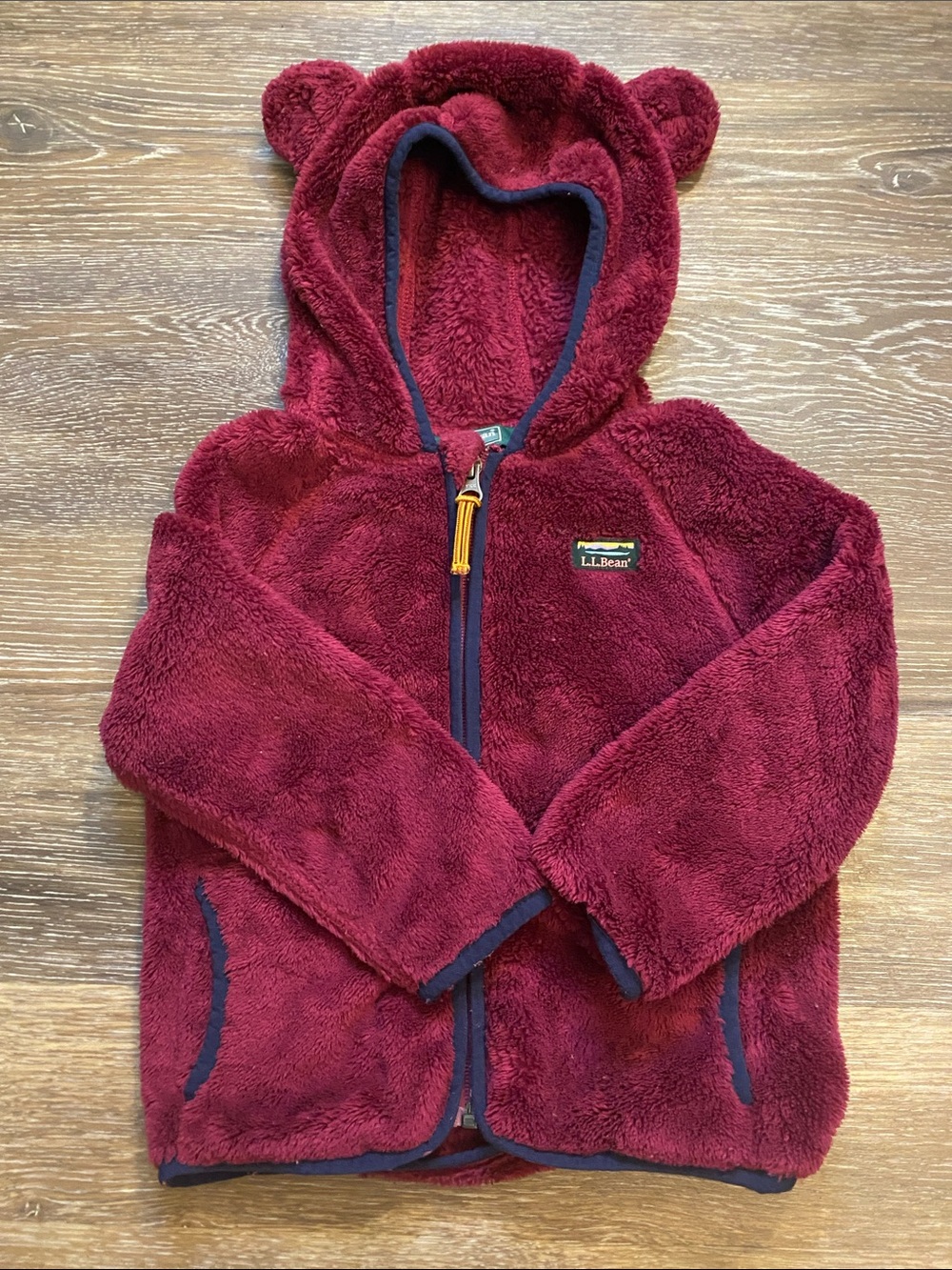 L.L. Bean Kids Plush Teddy Fleece Hoodie in Deep Burgundy with Navy Trim